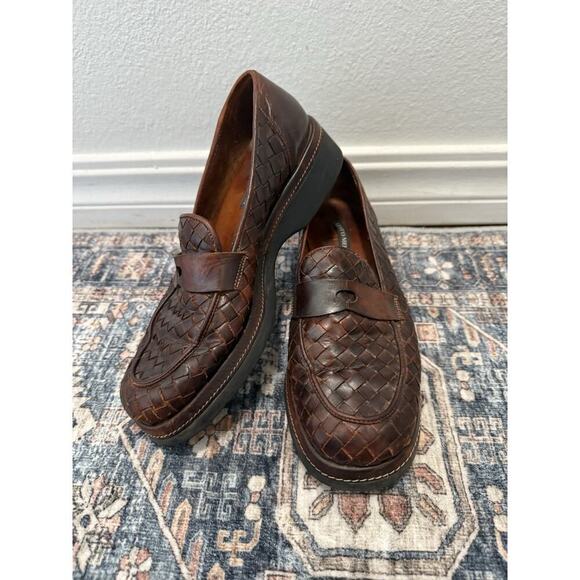 VTG SESTO MEUCCI Wms Brown Leather Loafers Woven Vamp Quiet Luxury Italy Sz 7.5 - Picture 2 of 6